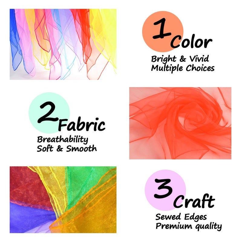 Novelty Place 12 Pcs Dance and Juggling Scarves - Silk Square Scarf with Hemmed Edges - Easy Clean Ideal Performance Props Accessories - 6 Colors(24" x 24") - Image 2