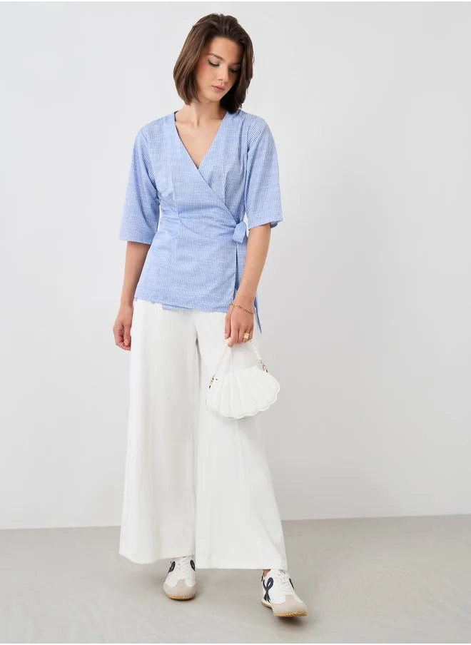 تايك تو Take Two Striped V-Neck Short Sleeve Wrap Top
