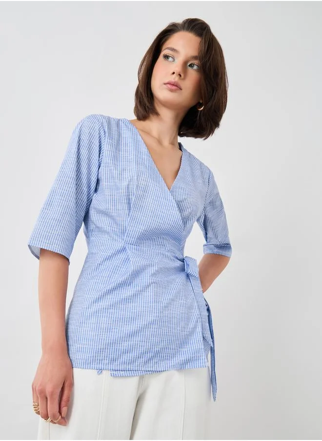 تايك تو Take Two Striped V-Neck Short Sleeve Wrap Top