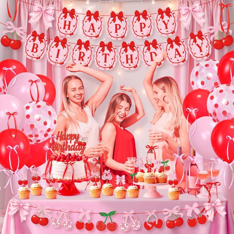 K KUMEED Cherry Birthday Decorations,Cute Happy Birthday Cherry and Bow Banner,Summer Fruit Cherries Party Supplies Cake Topper Latex Balloons for Birthday Party Decorations - Image 5