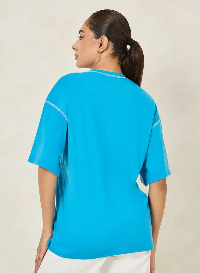 Styli Oversized Classic Resorts Slogan T-Shirt with Embroidery Detail