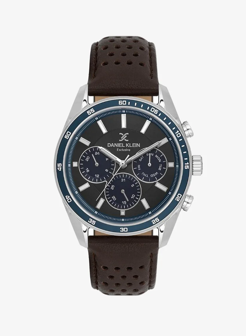 DANIEL KLEIN Men's Leather Silver Alloy Case Analog Black Round Sunray Dial Japanese Quartz Exclusive 50 Meters Water Resistant