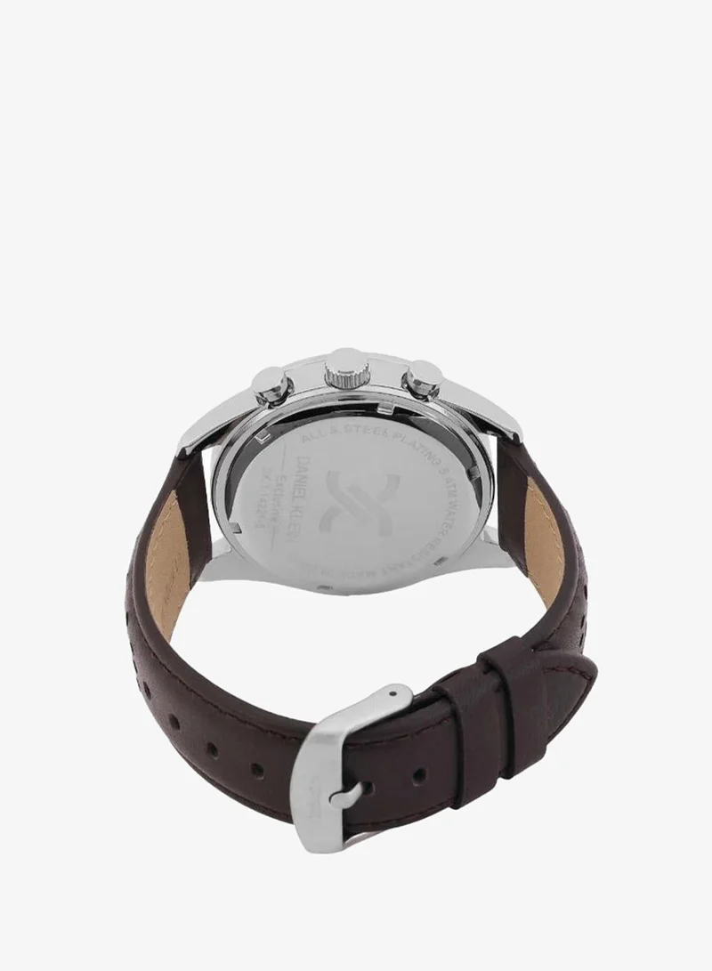 DANIEL KLEIN Men's Leather Silver Alloy Case Analog Black Round Sunray Dial Japanese Quartz Exclusive 50 Meters Water Resistant