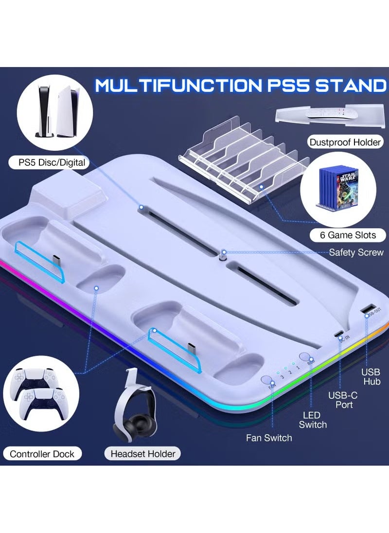 Saitake - PS5 Stand and Cooling Station with Dual Controller Charging Station for PlayStation 5 Console, PS5 Accessories Incl. Controller Charger, Cooling fan, Headset holder (Fit 2023 PS5 -Fat-normal Versions) white - Image 1