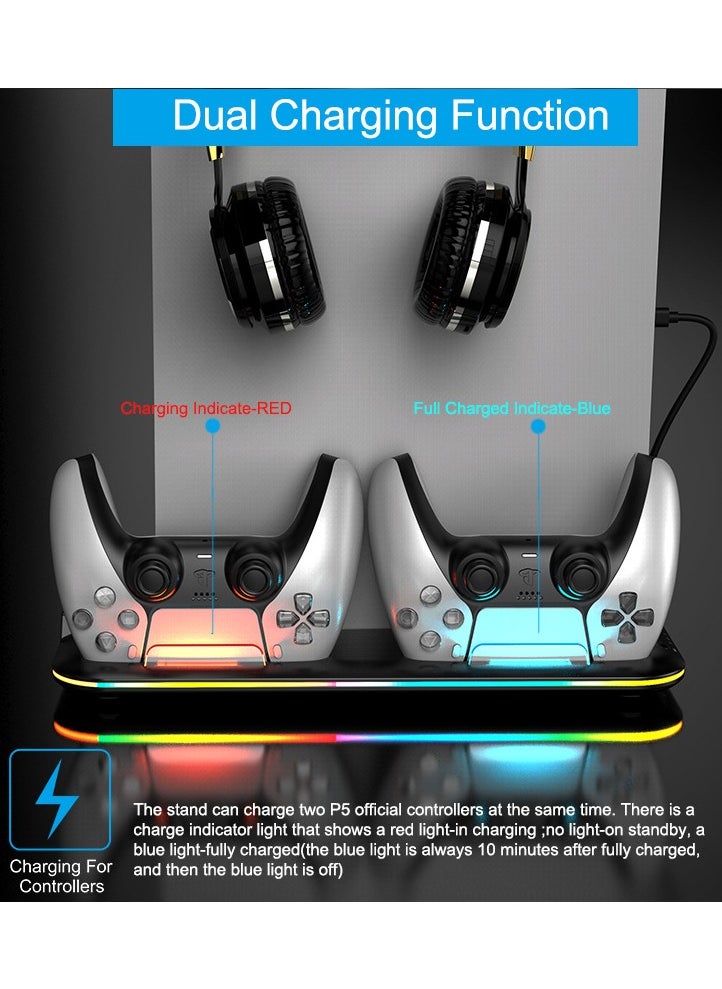 Saitake - PS5 Stand and Cooling Station with Dual Controller Charging Station for PlayStation 5 Console, PS5 Accessories Incl. Controller Charger, Cooling fan, Headset holder (Fit 2023 PS5 -Fat-normal Versions) white - Image 1