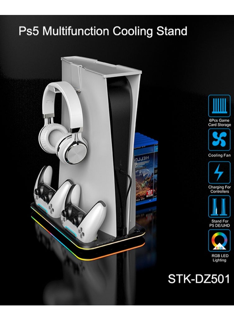 Saitake - PS5 Stand and Cooling Station with Dual Controller Charging Station for PlayStation 5 Console, PS5 Accessories Incl. Controller Charger, Cooling fan, Headset holder (Fit 2023 PS5 -Fat-normal Versions) white - Image 1