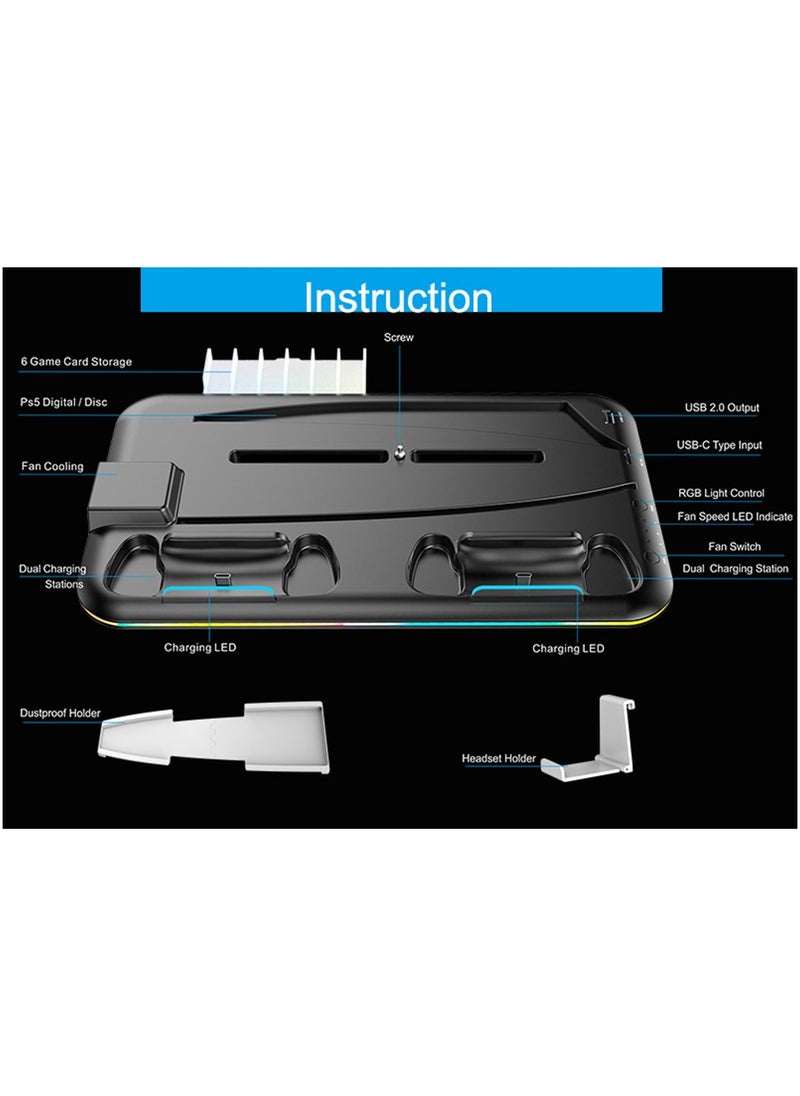 Saitake - PS5 Stand and Cooling Station with Dual Controller Charging Station for PlayStation 5 Console, PS5 Accessories Incl. Controller Charger, Cooling fan, Headset holder (Fit 2023 PS5 -Fat-normal Versions) white - Image 1
