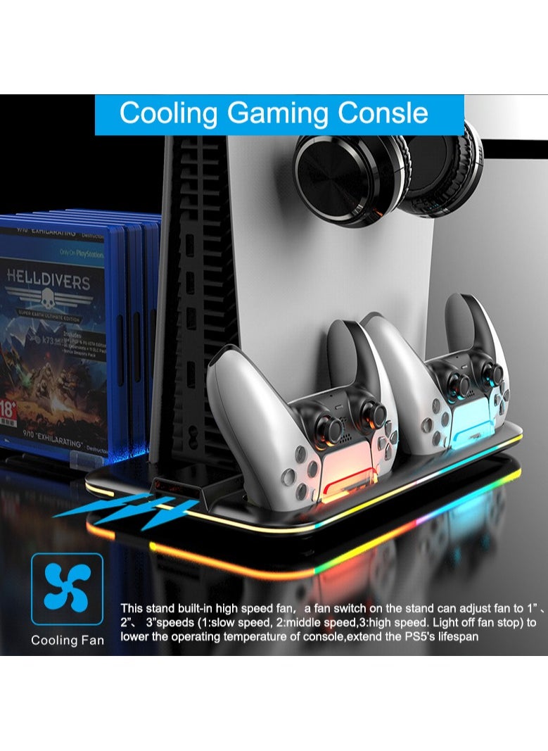 Saitake - PS5 Stand and Cooling Station with Dual Controller Charging Station for PlayStation 5 Console, PS5 Accessories Incl. Controller Charger, Cooling fan, Headset holder (Fit 2023 PS5 -Fat-normal Versions) white - Image 1