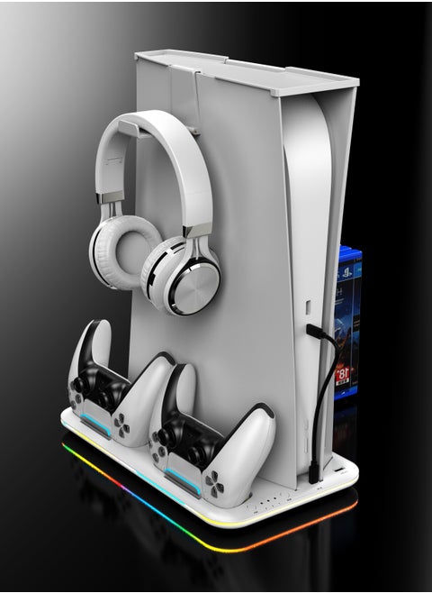 PS5 Stand and Cooling Station with Dual Controller Charging Station for PlayStation 5 Console, PS5 Accessories Incl. Controller Charger, Cooling fan, Headset holder (Fit 2023 PS5 -Fat-normal Versions) white
