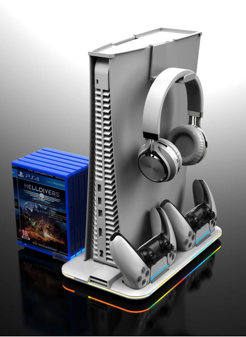 Saitake - PS5 Stand and Cooling Station with Dual Controller Charging Station for PlayStation 5 Console, PS5 Accessories Incl. Controller Charger, Cooling fan, Headset holder (Fit 2023 PS5 -Fat-normal Versions) white - Image 1