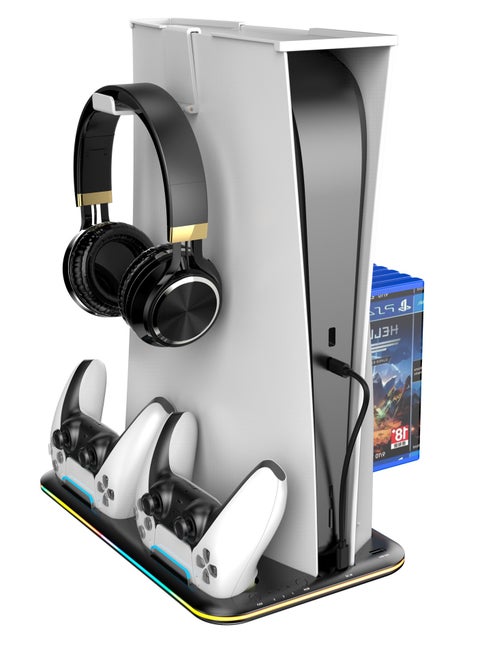 PS5 Stand and Cooling Station with Dual Controller Charging Station for PlayStation 5 Console, PS5 Accessories Incl. Controller Charger, Cooling fan, Headset holder (Fit 2023 PS5 -Fat-normal Versions)