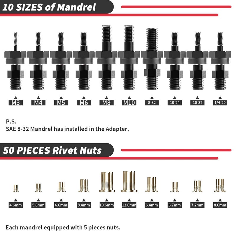 Beaspire Cordless Drill Electric Rivet Nut Drill Adapter Kit, Rivet Nut Tool Kit Including 10 Mandrel and 50Pcs Assorted Rivet Nuts, Rugged Carrying Case - Image 2