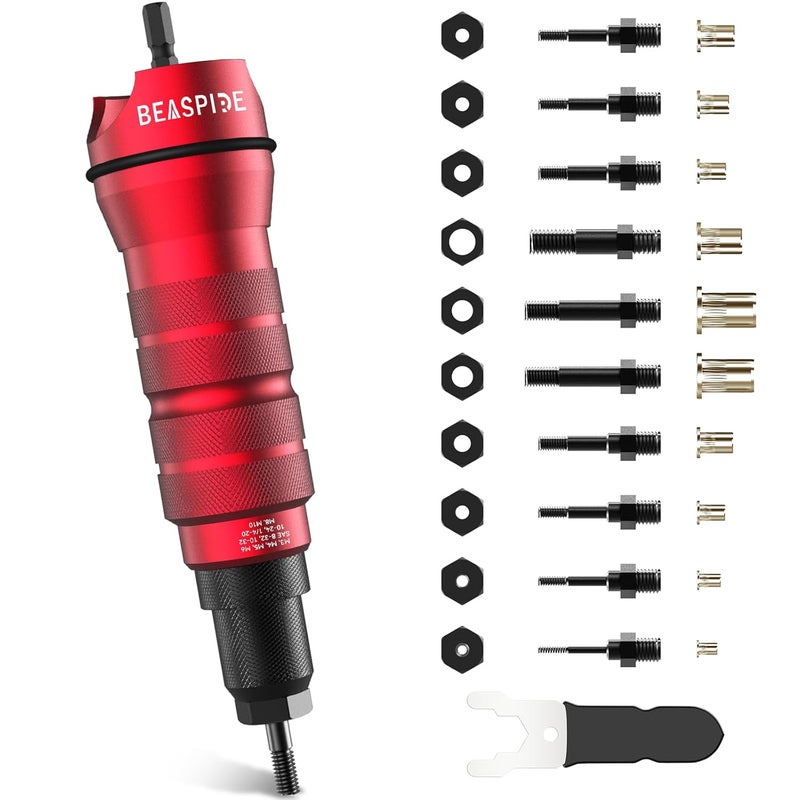 Beaspire Cordless Drill Electric Rivet Nut Drill Adapter Kit, Rivet Nut Tool Kit Including 10 Mandrel and 50Pcs Assorted Rivet Nuts, Rugged Carrying Case - Image 1