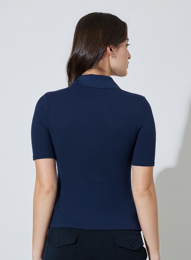 Styli Navy Blue Collared Knitted Short Sleeve Top Front Zipper - Image 5