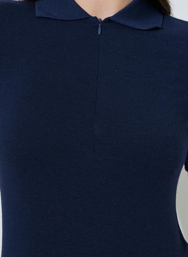 Styli Navy Blue Collared Knitted Short Sleeve Top Front Zipper - Image 4