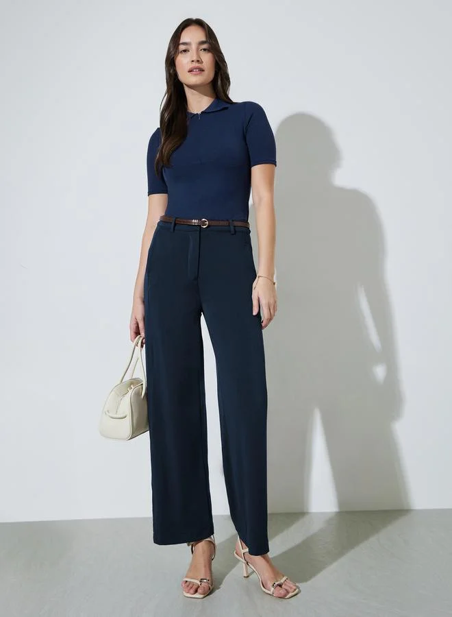 ستايلي Navy Blue Collared Knitted Short Sleeve Top Front Zipper