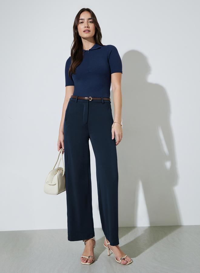 Styli Navy Blue Collared Knitted Short Sleeve Top Front Zipper - Image 2