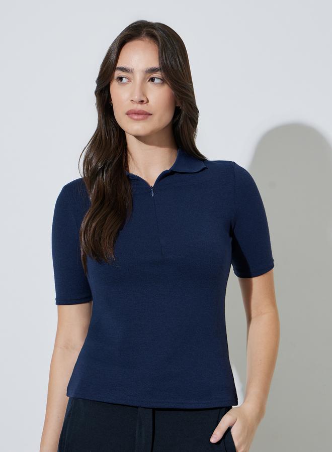 Styli Navy Blue Collared Knitted Short Sleeve Top Front Zipper - Image 3