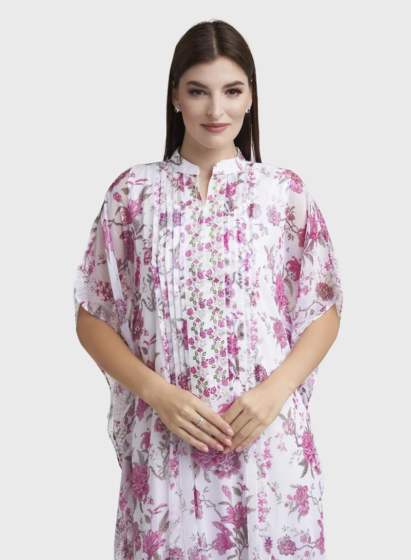 KASHKHA Magenta Floral Print Front Pleats Dress (VW369)