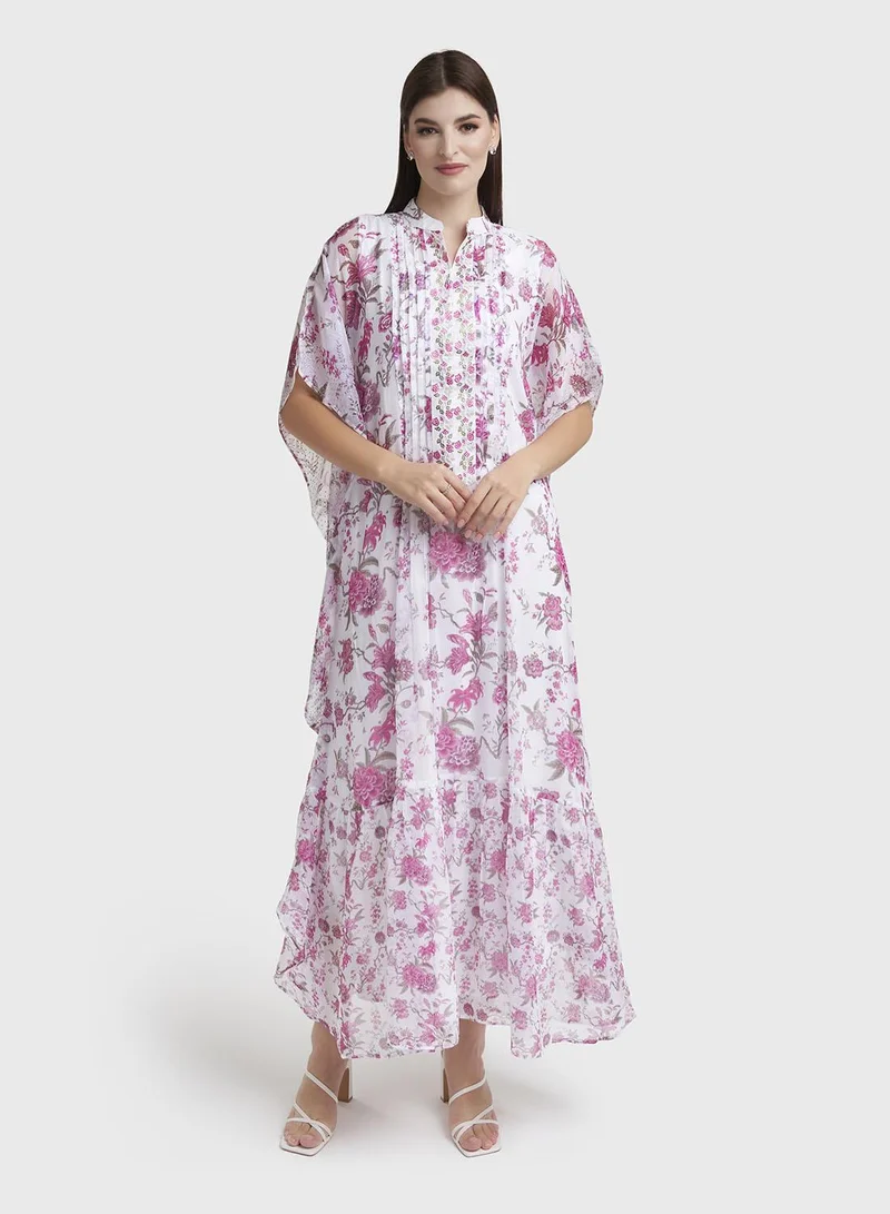 KASHKHA Magenta Floral Print Front Pleats Dress (VW369)