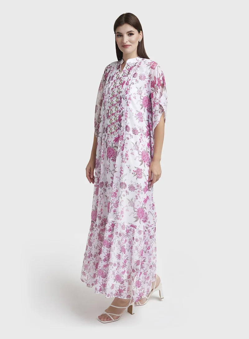KASHKHA  Magenta Floral Print Front Pleats Dress (VW369) for Women | Best Price UAE