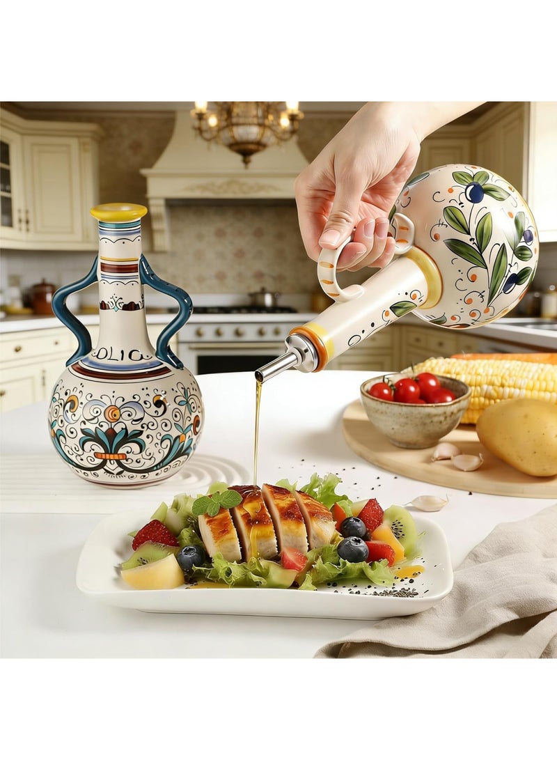 Monda Ceramic Olive Oil Dispenser Hand Painted Olive Oil Bottles UV Blocking Seasoning Bottle Drip-Free Spout & Anti-Tip Base with Stainless Steel Spout for Oils for Kitchen Countertop Vinegar Bottle Gift Set (700ml) - Image 5