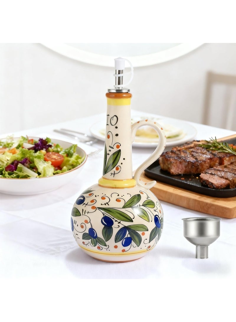 Monda Ceramic Olive Oil Dispenser Hand Painted Olive Oil Bottles UV Blocking Seasoning Bottle Drip-Free Spout & Anti-Tip Base with Stainless Steel Spout for Oils for Kitchen Countertop Vinegar Bottle Gift Set (700ml) - Image 1