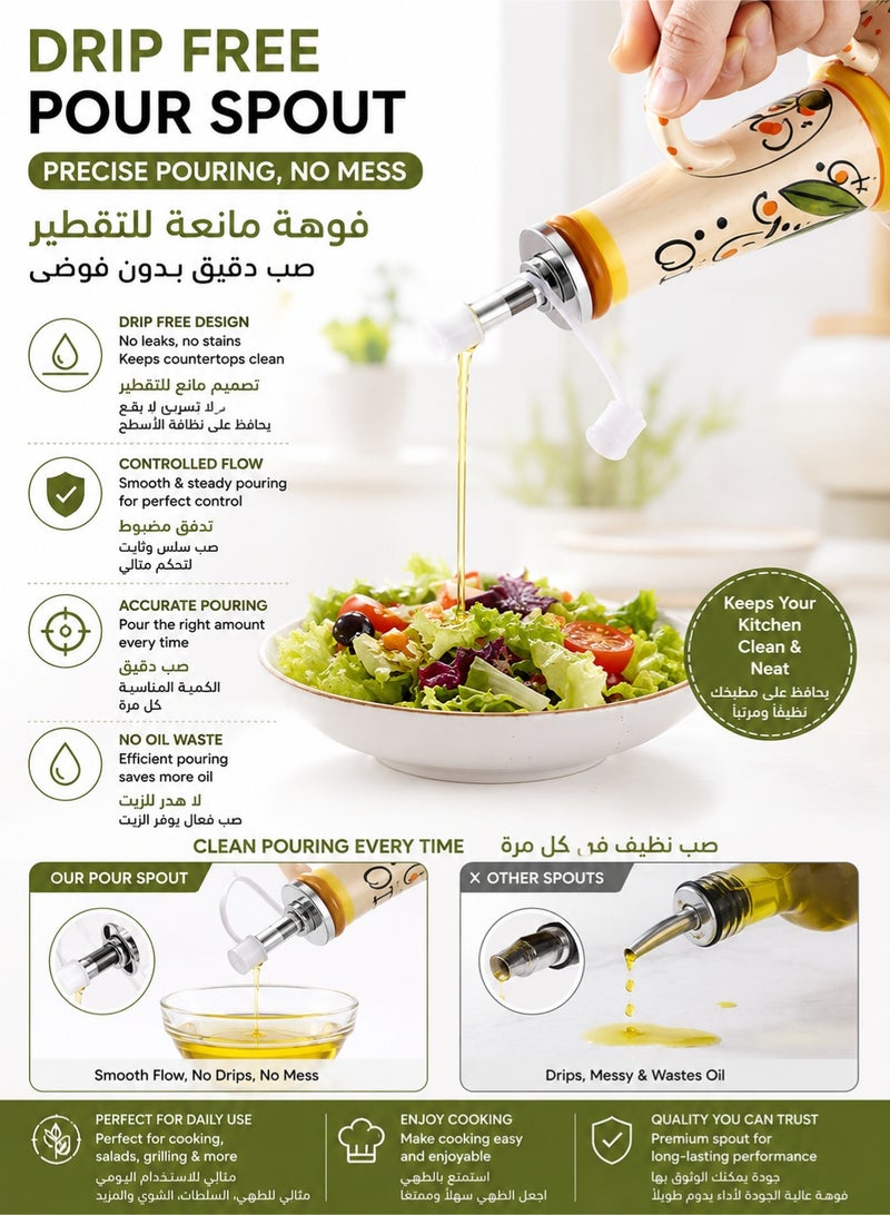 Monda Ceramic Olive Oil Dispenser Bottle 700ML Hand Painted Oil And Vinegar Cruet UV Blocking Kitchen Oil Dispenser With Stainless Steel Drip Free Pour Spout Anti Tip Base For Olive Oil Vinegar Soy Sauce Seasoning - Image 3
