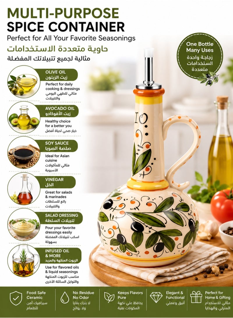 Monda Ceramic Olive Oil Dispenser Bottle 700ML Hand Painted Oil And Vinegar Cruet UV Blocking Kitchen Oil Dispenser With Stainless Steel Drip Free Pour Spout Anti Tip Base For Olive Oil Vinegar Soy Sauce Seasoning - Image 5