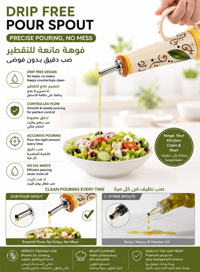 Monda Ceramic Olive Oil Dispenser Bottle 700ML Hand Painted Oil And Vinegar Cruet UV Blocking Kitchen Oil Dispenser With Stainless Steel Drip Free Pour Spout Anti Tip Base For Olive Oil Vinegar Soy Sauce Seasoning - Image 4