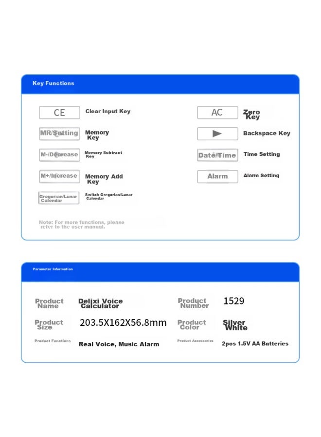 Deli Crystal Button 12-digit Memory Voice Calculator, Large Screen Music Alarm Voice Calculator, Student/office Mental Math, Silver Gray, 1529 - Image 4