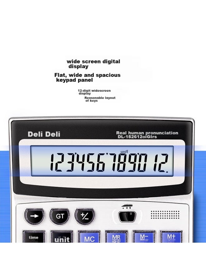 Deli Crystal Button 12-digit Memory Voice Calculator, Large Screen Music Alarm Voice Calculator, Student/office Mental Math, Silver Gray, 1529 - Image 2