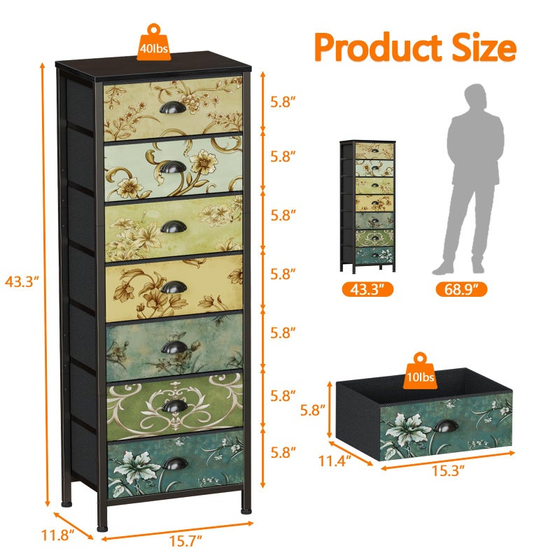 Furnulem Tall Dresser for Bedroom with 7 Fabric Drawers, Vintage Dressers & Chest of Drawers, Vertical Storage Tower Organizer Unit Retro Bedside Furniture in Closet,Living Room,Nusery,Dorm,Entryway - Image 3