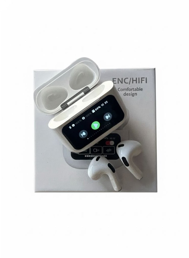 ايربودز متعددة الوظائف به شاشه تحكم و عرض تعمل باللمس. متوافقة مع جميع الموبايلات والانظمة المزدوجة الاسلكية. وبها خاصيه الغاء الضوضاء مع تطبيق للتحكم بها. لون أبيض - Image 1