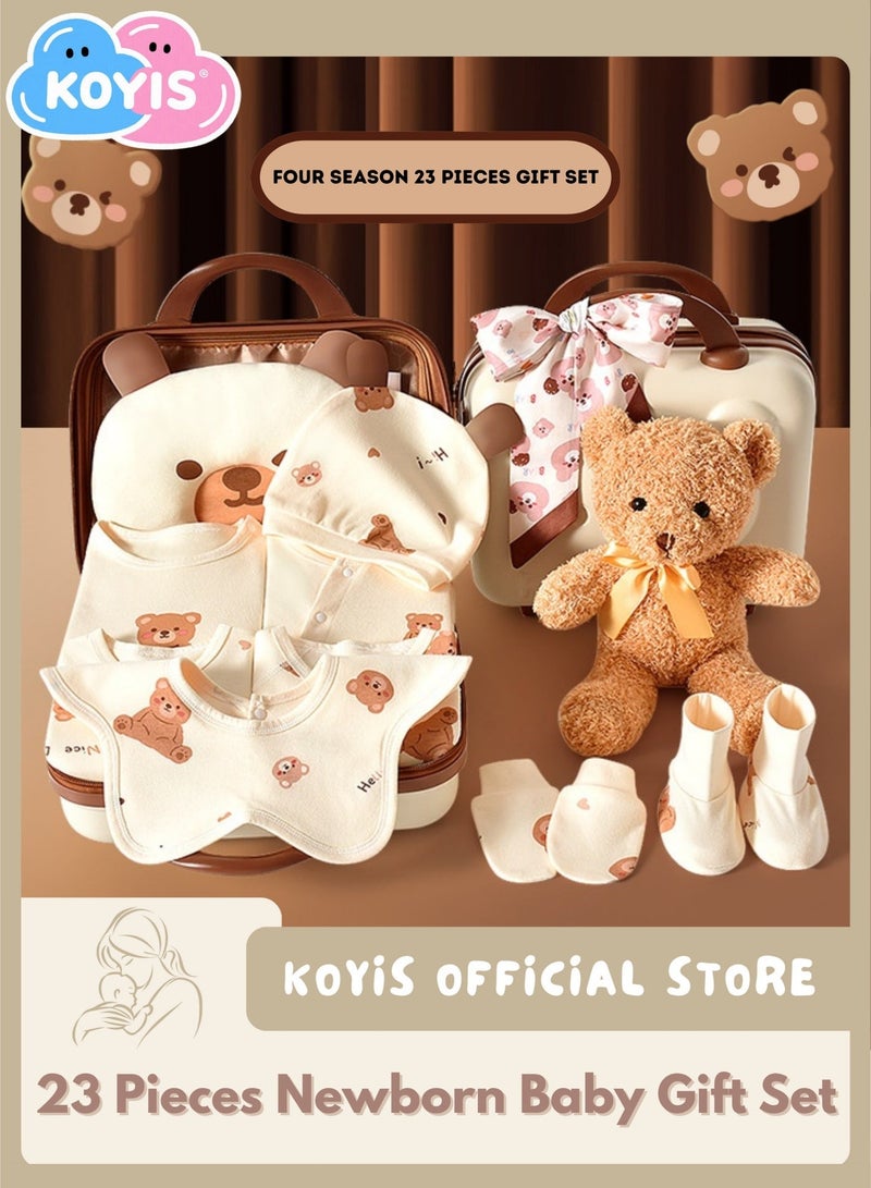 KOYIS 23 PCS Baby Gift Set Suitcase - For Baby Boys & Girls, 100% Cotton Baby Clothes Hat Bear Pillow Towels, Cozy Four Seasons Use Spring Summer Autumn Winter, 0-3 Months - Teddy Bear - Image 1