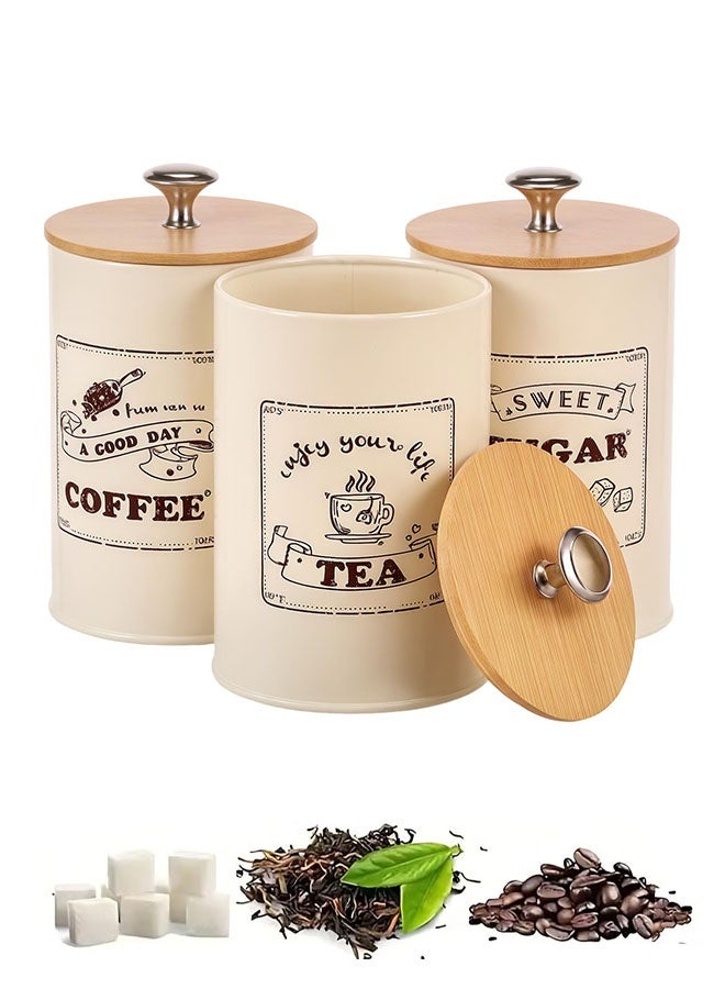 YelaJoy Canister Sets for Kitchen Counter, Metal Vintage Kitchen Canisters Set of 3, Coffee Sugar Tea Canister Set, Food Storage Canister with Bamboo Lid, Farmhouse Kitchen Decor, Beige - Image 1