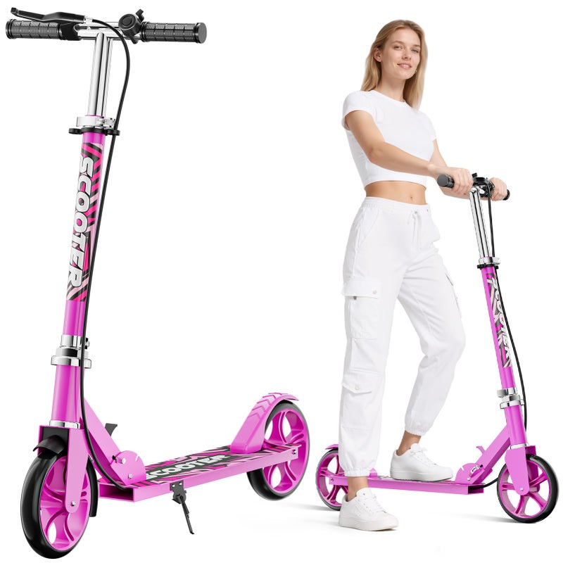 GRENYX Scooters for Kids 8-12, Teens & Adults - Lightweight, Foldable, 8-Inch Big Wheels, Hand Brake & Bell, 4 Adjustable Height Levels, 240 lbs Max Load, Perfect for School, Campus and Park Rides, Pink - Image 1