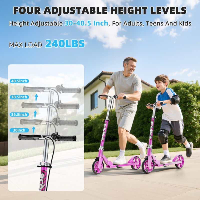 GRENYX Scooters for Kids 8-12, Teens & Adults - Lightweight, Foldable, 8-Inch Big Wheels, Hand Brake & Bell, 4 Adjustable Height Levels, 240 lbs Max Load, Perfect for School, Campus and Park Rides, Pink - Image 3