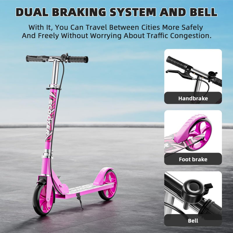 GRENYX Scooters for Kids 8-12, Teens & Adults - Lightweight, Foldable, 8-Inch Big Wheels, Hand Brake & Bell, 4 Adjustable Height Levels, 240 lbs Max Load, Perfect for School, Campus and Park Rides, Pink - Image 2