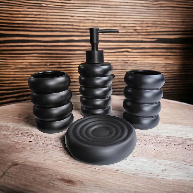 Whizzo Premium Bathroom Accessories Set Ceramic Including 4 Piece Multi Design Bathroom Accessories Set Soap Dispenser Toothbrush Holder Tumbler Soap Dish The Best Gifting Choice Black - Image 2