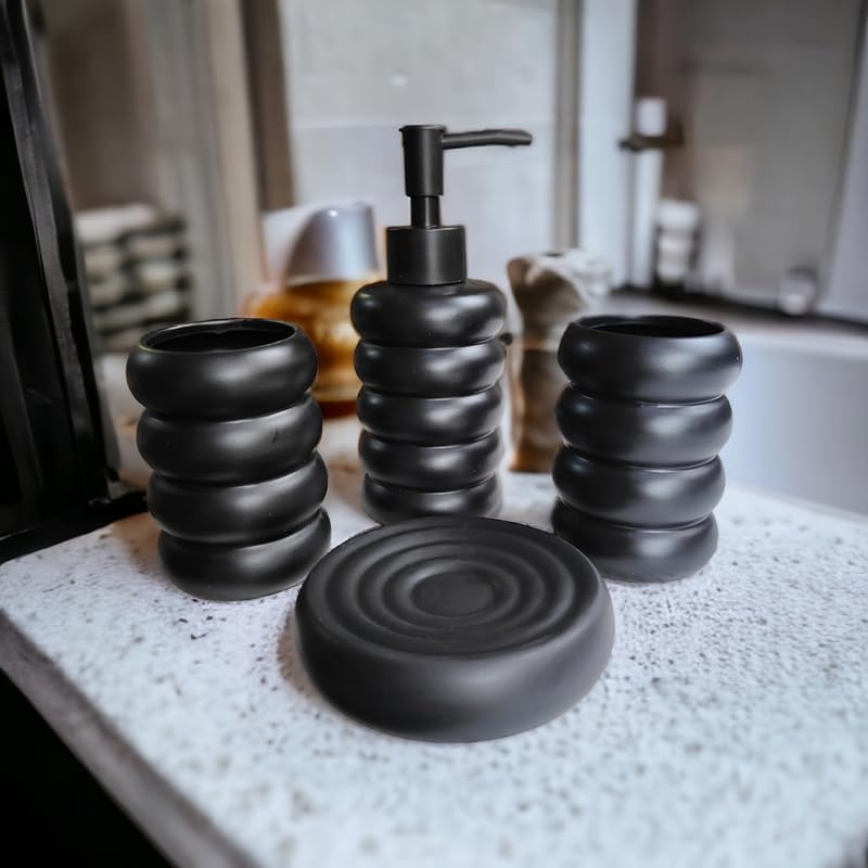 Whizzo Premium Bathroom Accessories Set Ceramic Including 4 Piece Multi Design Bathroom Accessories Set Soap Dispenser Toothbrush Holder Tumbler Soap Dish The Best Gifting Choice Black - Image 1