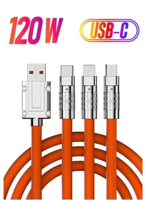 3 in 1 Universal Multiple USB Cable Fast Charging Cable, Charger Cord for Multiple Devices, Maximum Output Power 120W,  Safety Charging Adapter for Most Cell Phone, Tablets (Orange, 1.2 Meter)