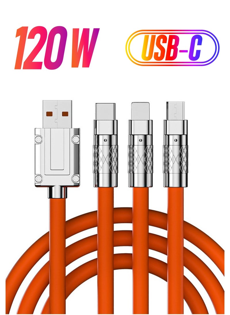 Generic - 3 in 1 Universal Multiple USB Cable Fast Charging Cable, Charger Cord for Multiple Devices, Maximum Output Power 120W,  Safety Charging Adapter for Most Cell Phone, Tablets (Orange, 1.2 Meter) - Image 1