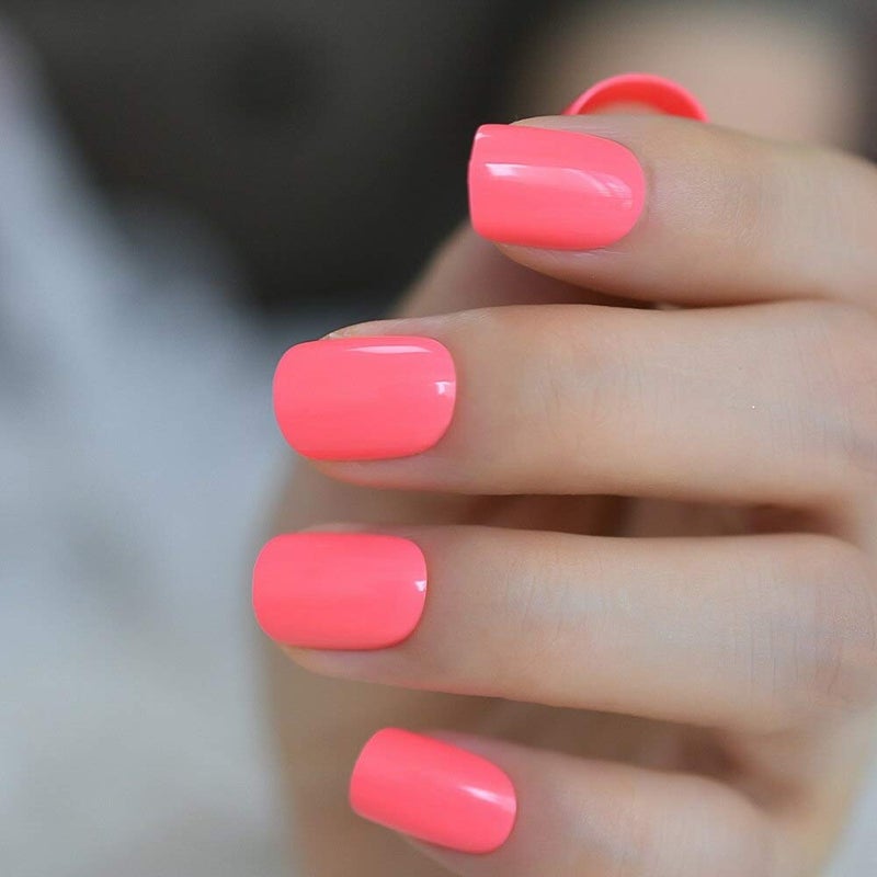 EchiQ Neon Short Nails Summer Color Fake Nails Deep Pink Ladies Bright Color Designed ABS Material Fingernails with Adhesive Tabs - Image 3