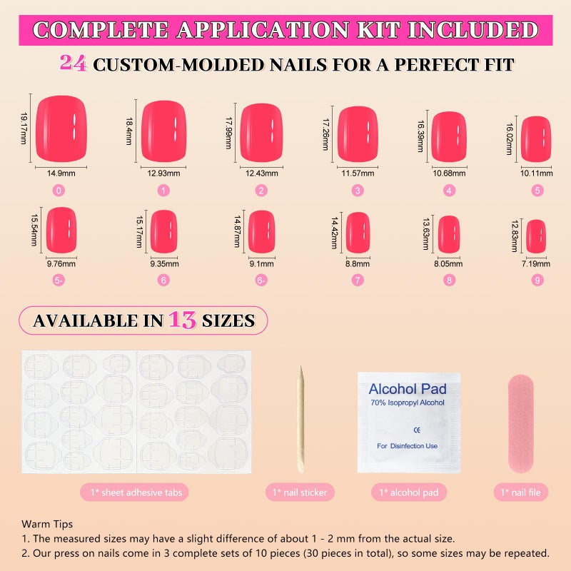 EchiQ Neon Short Nails Summer Color Fake Nails Deep Pink Ladies Bright Color Designed ABS Material Fingernails with Adhesive Tabs - Image 5