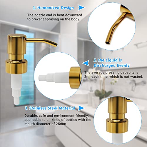 MroMax 3Pcs 304 Stainless Steel Soap and Lotion Dispensers Replacement Pump for 28/400 Bottles Jars, Bathroom Lotion Pump Head Champagne Gold Tone - Image 4
