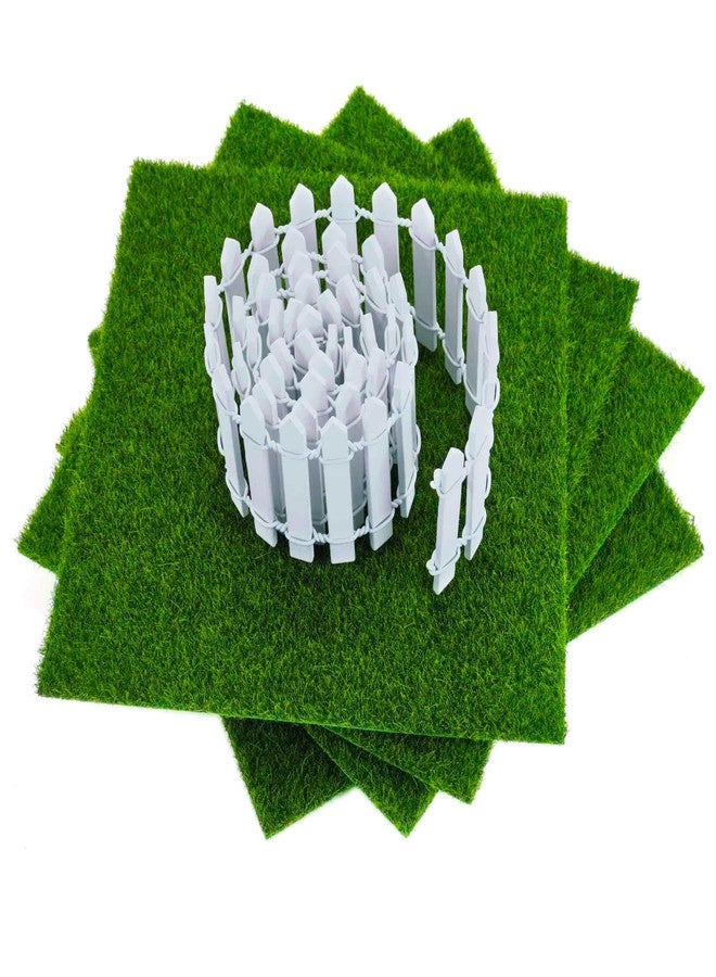 CHAMBERY 1:12 Scale Miniature 35 Inches Picket Fence with 4Pcs of 6x6 Inches Fake Grass for Crafts Dollhouse Garden Accessories - Image 1
