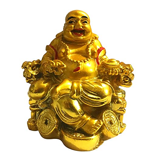 GJ Polyresin on Chair with Ingot and Money Coin Laughing Buddha for Health, Wealth, Prosperity (Gold, Standard) - Image 5