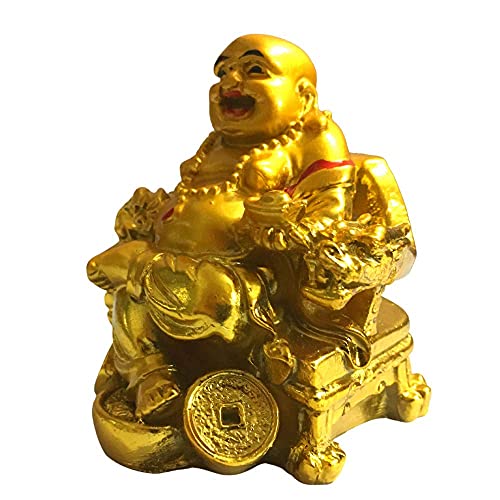 GJ Polyresin on Chair with Ingot and Money Coin Laughing Buddha for Health, Wealth, Prosperity (Gold, Standard) - Image 2