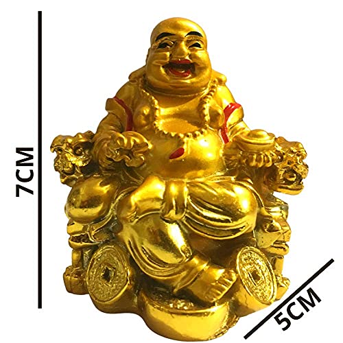 GJ Polyresin on Chair with Ingot and Money Coin Laughing Buddha for Health, Wealth, Prosperity (Gold, Standard) - Image 4